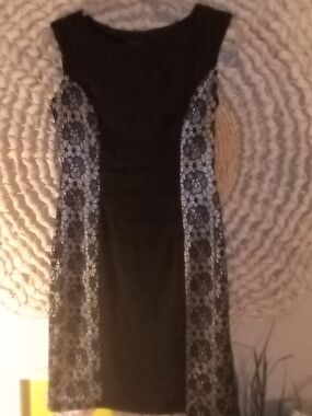 Black And White Sheath Dress with Black Lace Side Panels By Enfocus